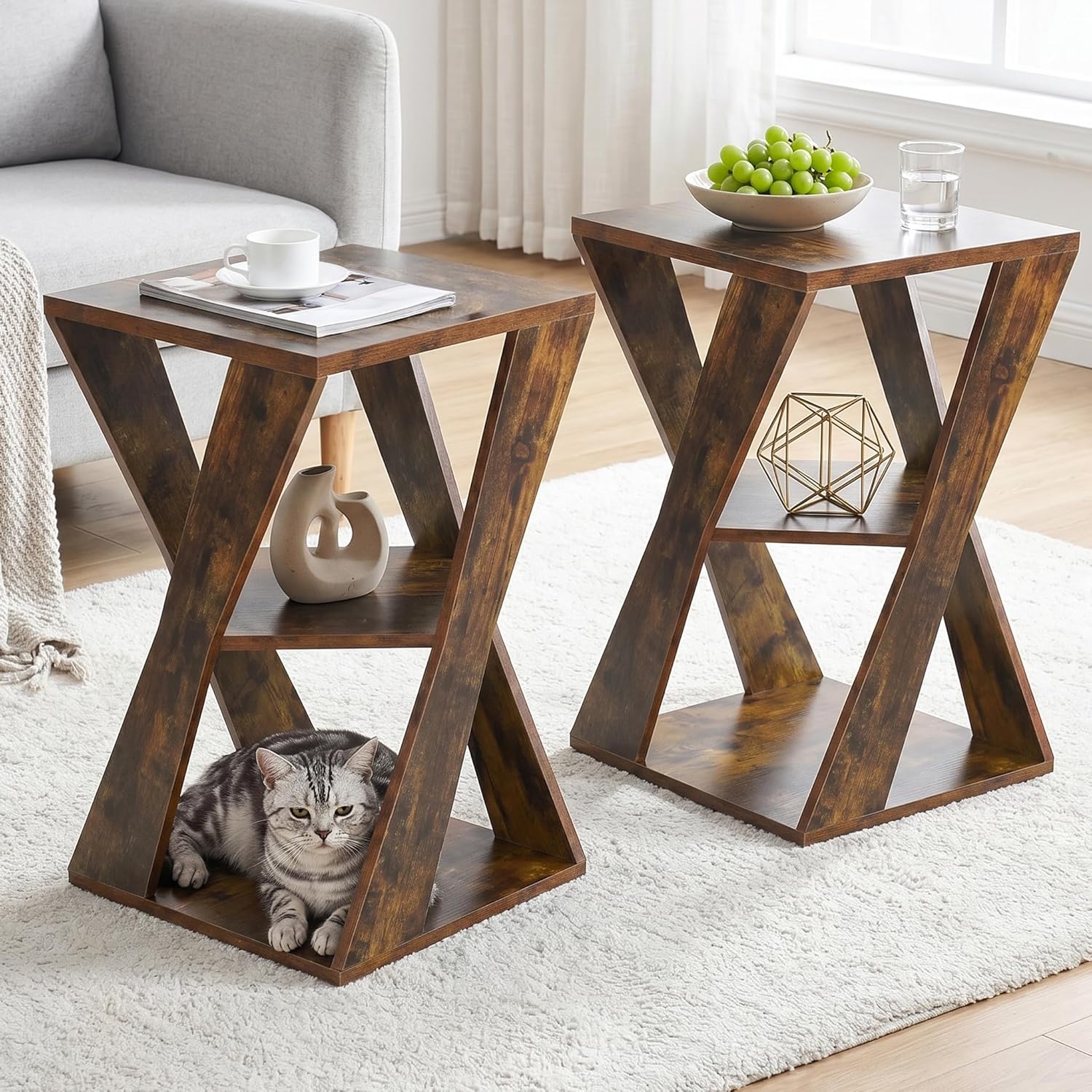 End Table Set of 2, Modern Wooden Side Table Nightstands for Small Spaces, Living Room, Office, Bathroom, 3-Tier Shelves, 15.75" D x 15.75" W x 25" H (Rustic Brown + Classic Black)