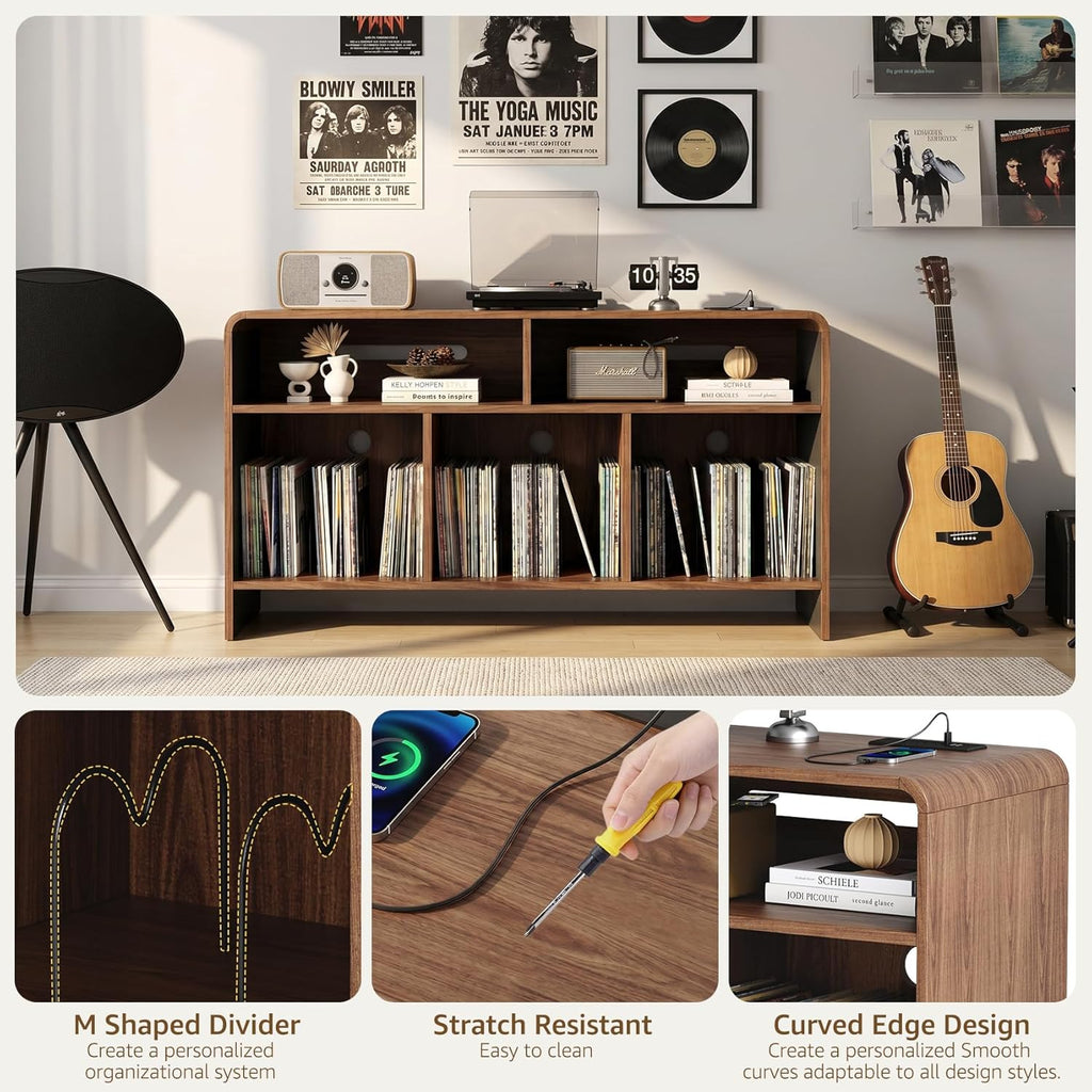 Record Player Stand with Vinyl Storage Cabinet, Turtable Stand Table with Charging Station, Curved Vinyl Record Cabinet for Living Room, Holds Up to 350 Albums