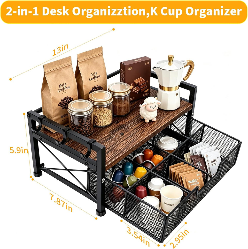 Tea Bag Coffee Bar Organizer,Teabag Holder & Coffee Station with Storage Drawer,Wood Tea Station Chest Display Container Box for Countertop Kitchen (Rustic Brown)