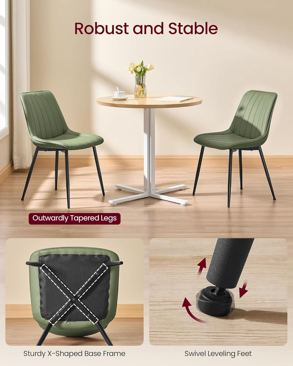 VASAGLE Dining Chairs Set of 4, Upholstered Kitchen Chairs, Synthetic Leather, Max. Load 264 lb, Steel Legs, Curved Backrest, for Dining Room, Forest Green and Ink Black ULDC090CH02-2J