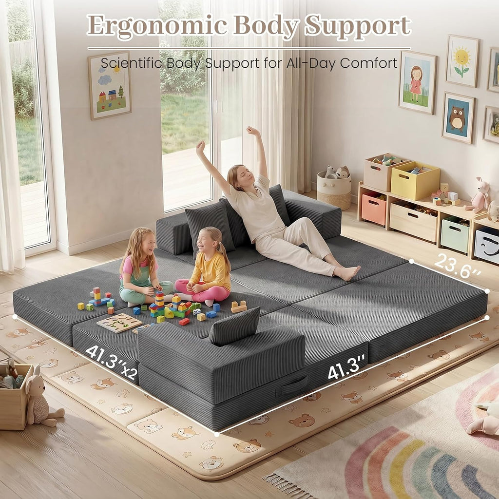 Modular Floor Sofa, 4-in-1 Convertible L-Shaped Sectional Couch, Waffle Texture Foldable Futon Mattress Daybed, No Assembly 1800lbs Heavy Duty Sleeper Sofa for Living Room, Dorm