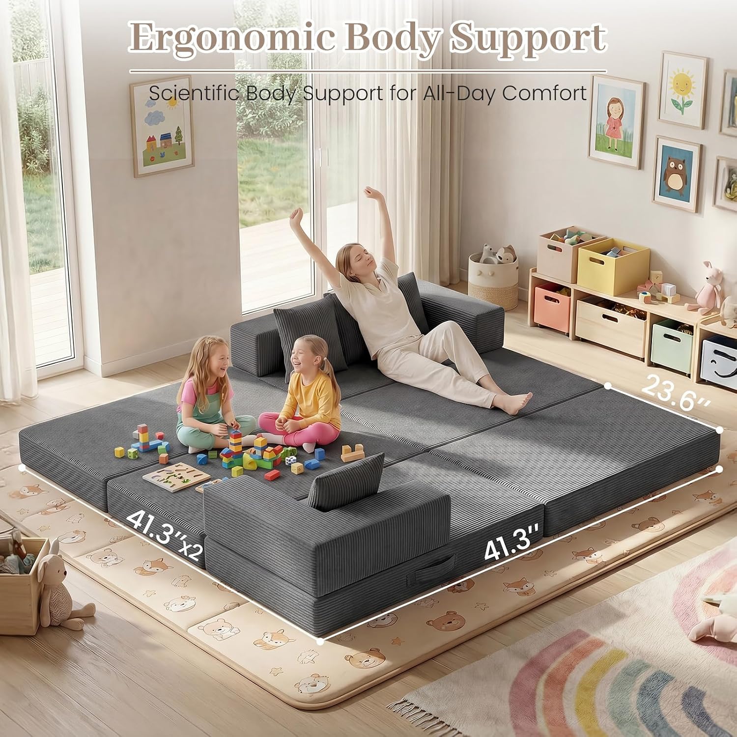 Modular Floor Sofa, 4-in-1 Convertible L-Shaped Sectional Couch, Waffle Texture Foldable Futon Mattress Daybed, No Assembly 1800lbs Heavy Duty Sleeper Sofa for Living Room, Dorm
