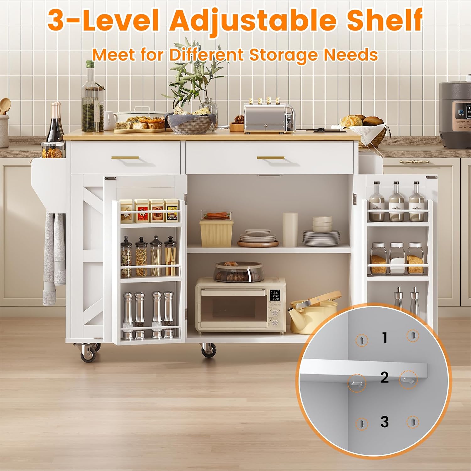 VVFLU 51.8" Kitchen Island Cart with Trash Can Storage, Kitchen Island on Wheels with Power Outlet & Drop Leaf, Rolling Kitchen Cart with Towel Rack & Spice Rack, Mobile Islands Table for Kitchen