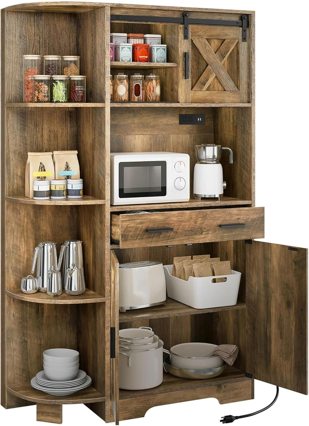 DWVO 67.3" Farmhouse Kitchen Pantry, Storage Cabinet Baker Rack with Power Outlet, Freestanding Hutch with Barn Door & Drawer, Buffet Sideboard with Microwave Stand for Dining Room, Rustic Brown