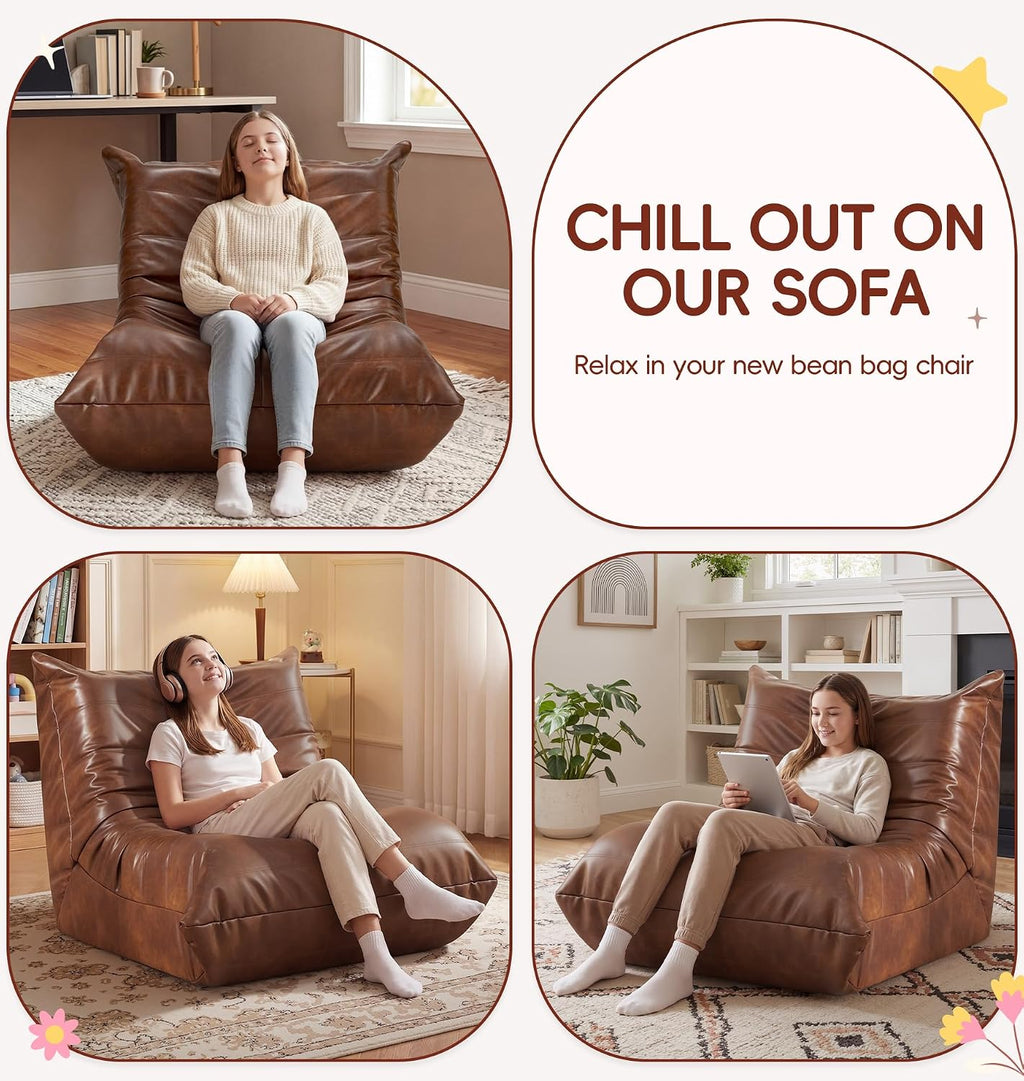 Hobestluk Bean Bag Chair for Teens Toddler Bean Bag Chair with Memory Foam Filler Leather Beanbag with Spacious Design Bean Bag Couch for Reading Gaming Relaxing (Brown, Medium)
