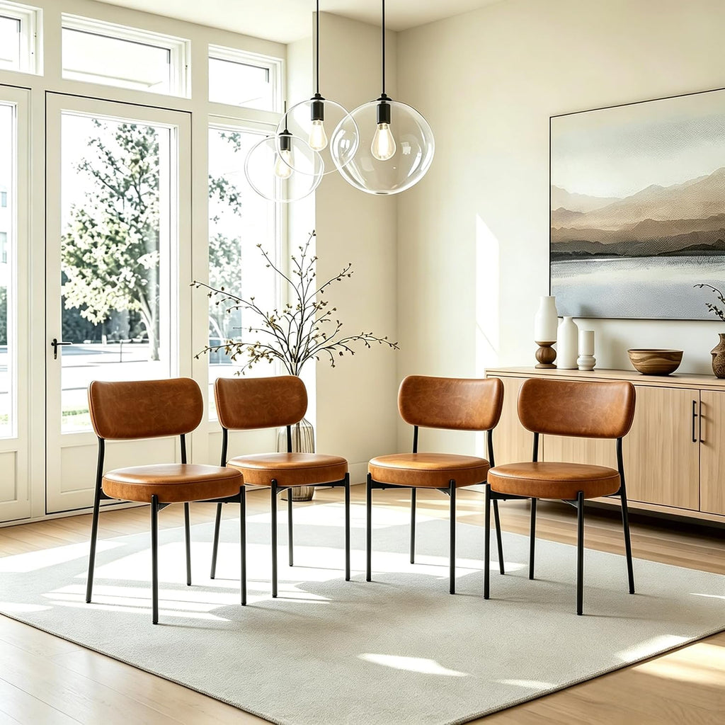 Brown Dining Chairs Set of 4 with Curved Back, Leather Dining Chairs with PU Soft Cushion Seat & Metal Legs, Comfortable Modern Chair for Kitchen, Living Room