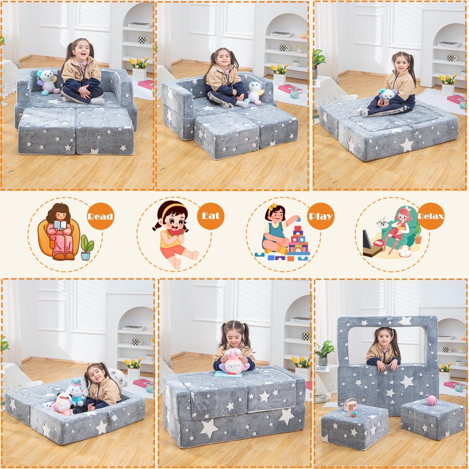 Kids Play Couch 3-in-1 Modular Toddler Baby Couches Foam Armchair for Boys & Girls Children Convertible Sofa to Lounger Fold Out Kids Furniture Sofa Play Set, Grow in The Dark Star