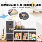 VEVOR Kids Reading Nook Bench, Toddler Bookshelf and Bookcase with Detachable Seat Cushion, 6-Cubby Storage Organizer Bench with 3 Drawers, Ideal for Playroom, Bedroom, Living Room or Entryway, White