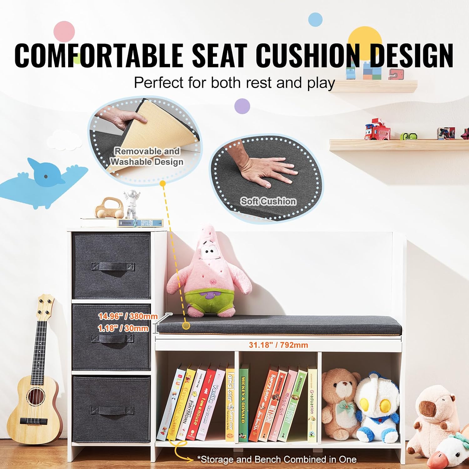 VEVOR Kids Reading Nook Bench, Toddler Bookshelf and Bookcase with Detachable Seat Cushion, 6-Cubby Storage Organizer Bench with 3 Drawers, Ideal for Playroom, Bedroom, Living Room or Entryway, White