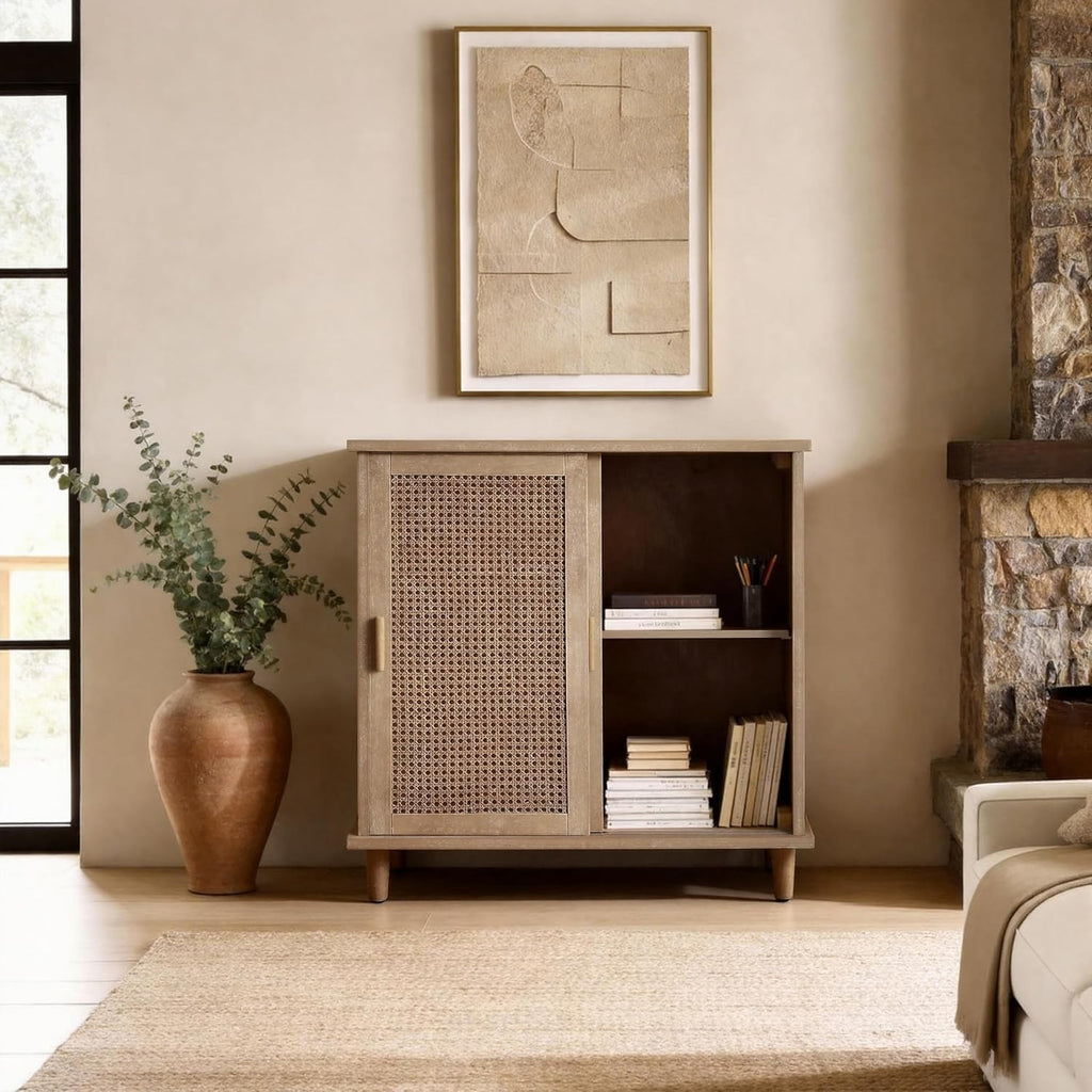 Fat Ant Sideboard Buffet Storage Cabinet, Rattan Credenza Buffet Table, Boho Console Accent Cabinet with Sliding Doors, Coffee Bar Cabinets for Kitchen Entryway Living Room, Natural