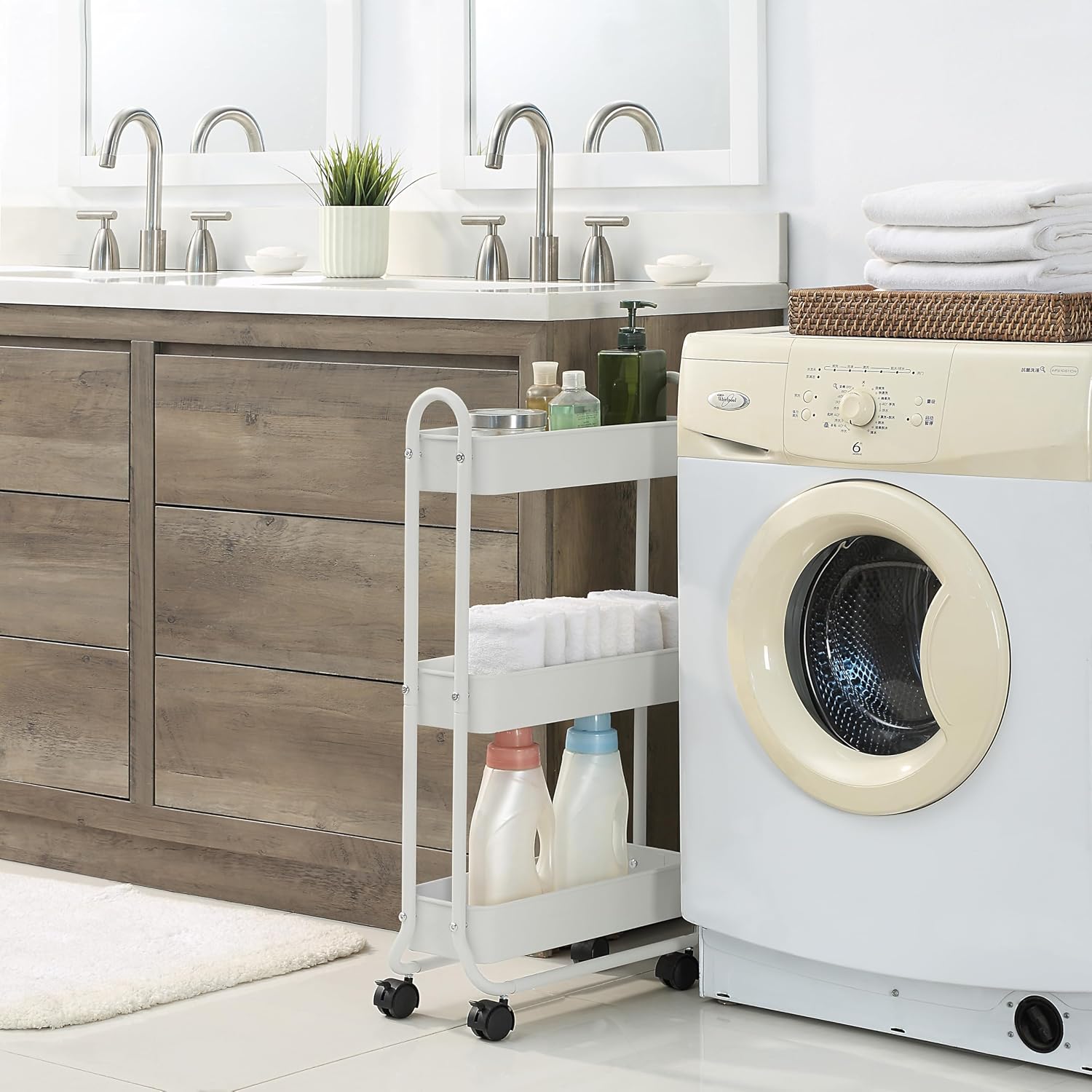 SunnyPoint Slim Rolling Storage Cart, 3 Tier Bathroom Storage Organizer Bathroom, Laundry Utility Cart (White)