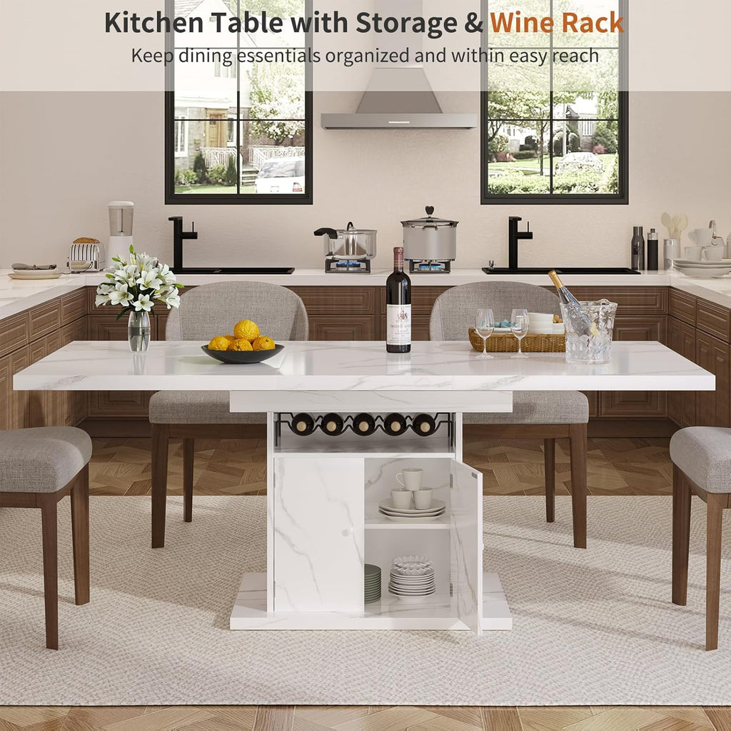 Extendable Dining Table for 4-6, 47-63 Inch Faux Marble Extendable Dining Room Table, Modern Expandable Rectangle Kitchen Dining Table with Storage for Kitchen Living Room