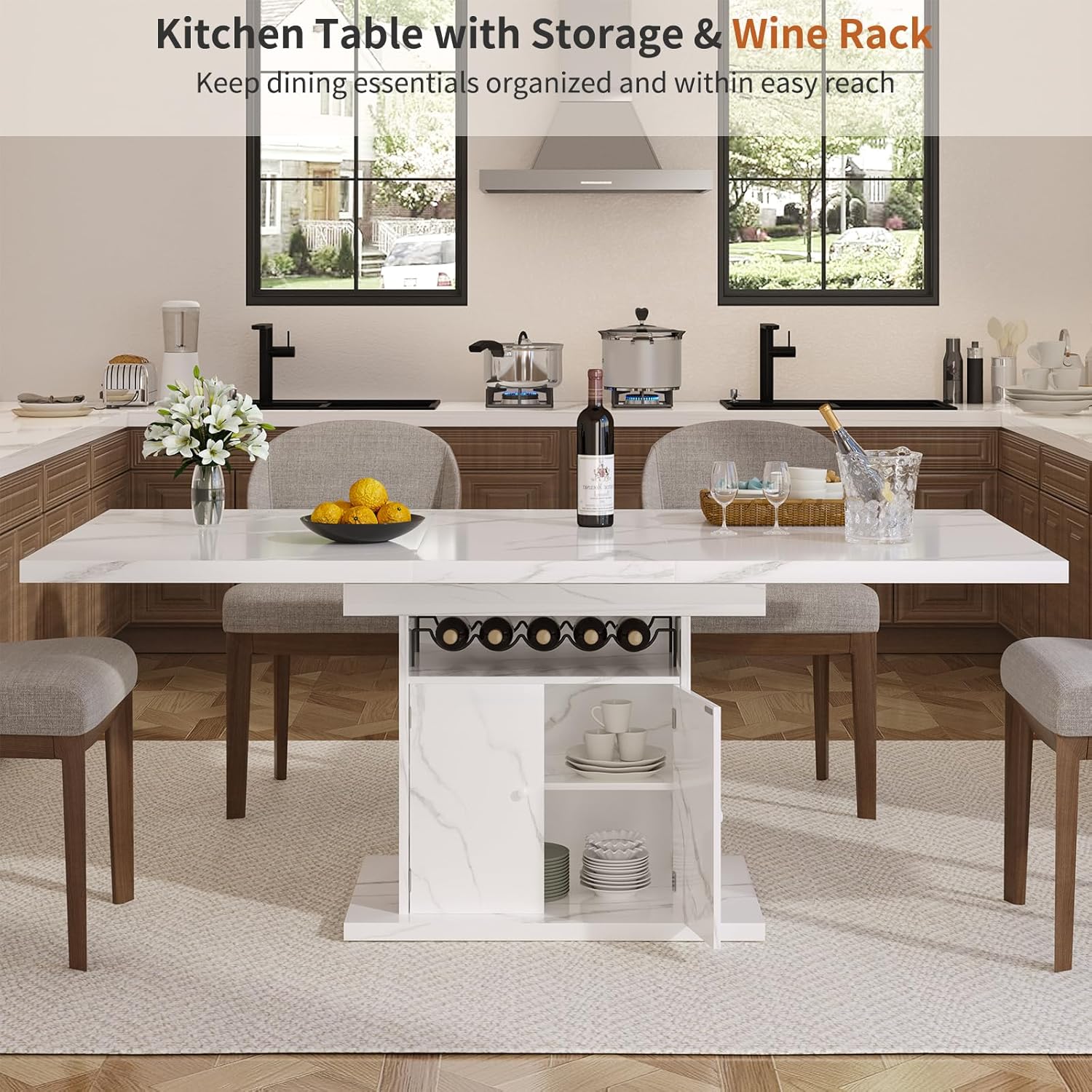 Extendable Dining Table for 4-6, 47-63 Inch Faux Marble Extendable Dining Room Table, Modern Expandable Rectangle Kitchen Dining Table with Storage for Kitchen Living Room
