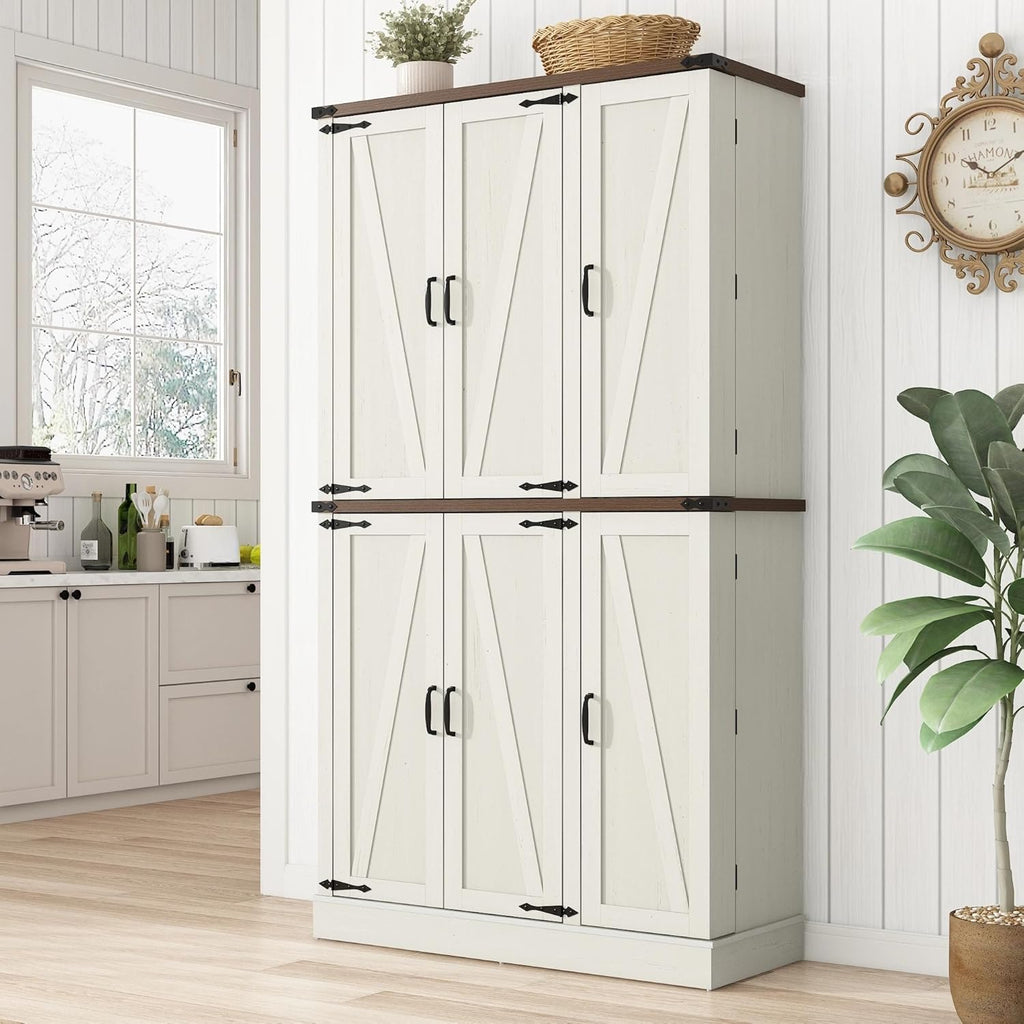 chartustriable 71in Farmhouse Kitchen Pantry Cabinet,Freestanding Tall Storage Cabinet with 6 Barn Doors,Organizer,Rustic Wood Storage Cabinets for Kitchen,Dining Room,Bathroom(White)