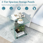 Tangkula Tempered Glass Side Table, Modern C-Shaped Bedside Table Nightstand with Storage Shelf, 4 Lockable Universal Wheels, Rolling Sofa End Table for Living Room Bedroom Office (1, Transparent)