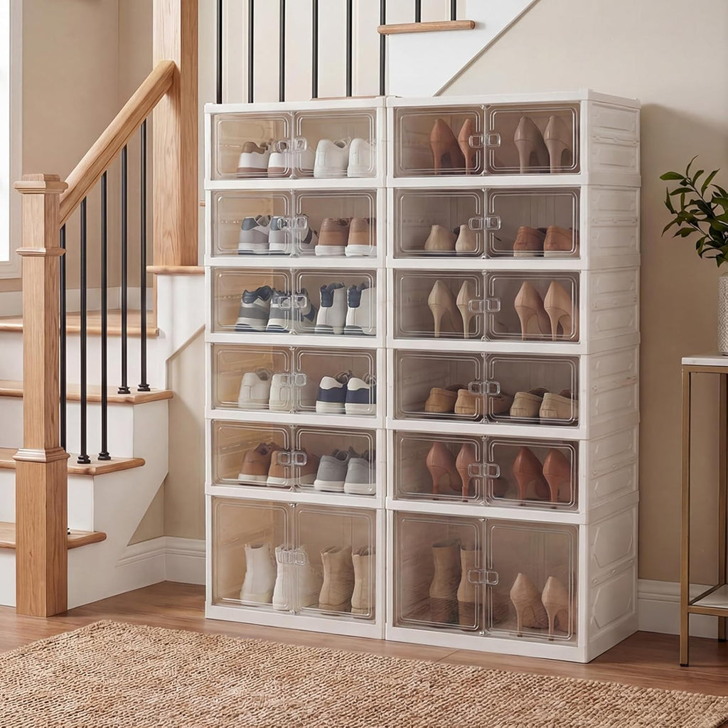 GOFLAME Foldable Shoe Rack Organizer, 6-Tier 12 Pairs Collapsible Shoe Cabinet with Magnetic Clear Doors, Portable Shoe Storage Box, Stackable Shoe Shelf for Closet, Entryway, Easy Assembly