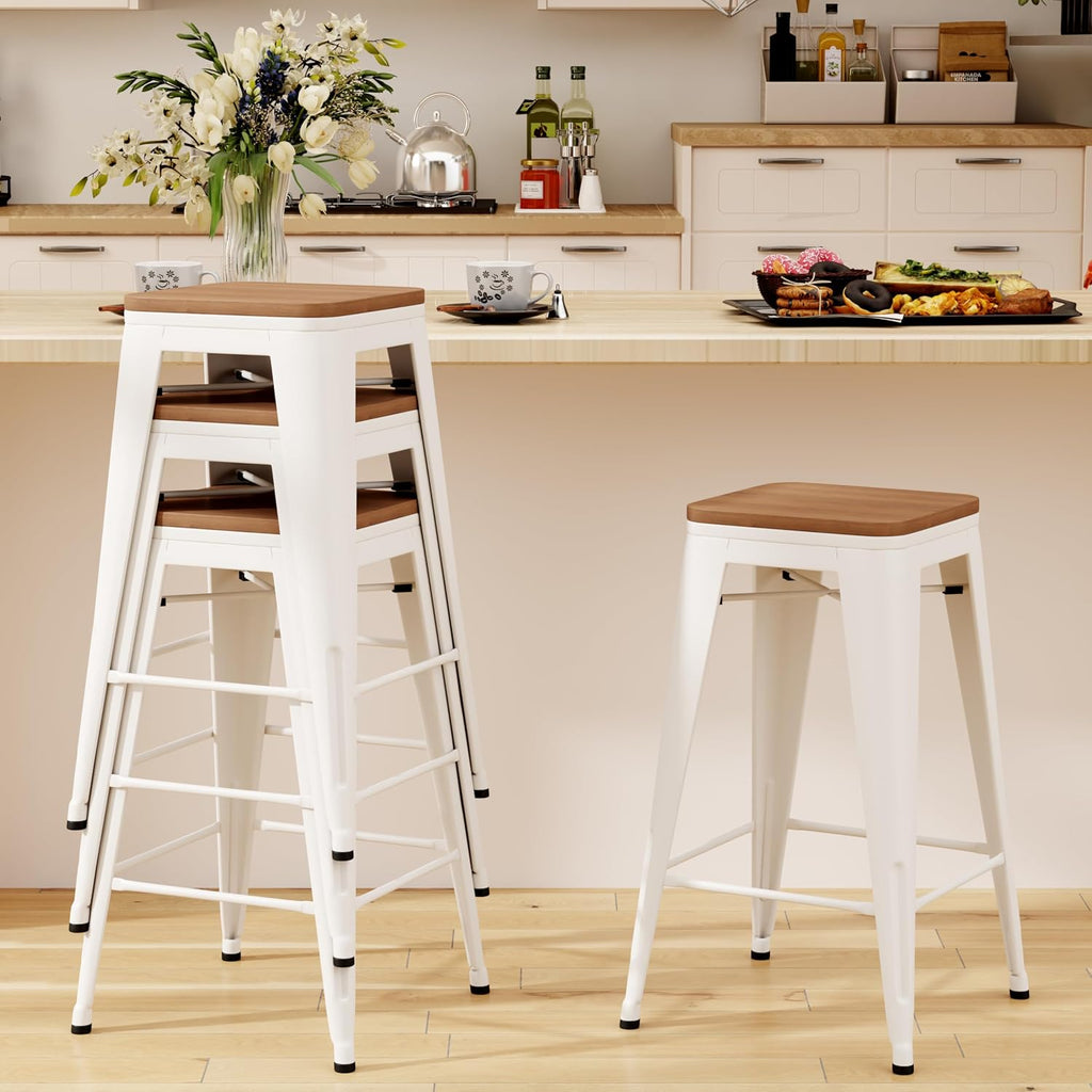 Andeworld Bar Stools Set of 2 Stackable Metal Bar Stools Industrial Counter Height Stools Backless Barstools with Wooden Seats (26 inch, White with Wooden Seats)