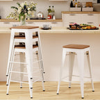 Andeworld Bar Stools Set of 2 Stackable Metal Bar Stools Industrial Counter Height Stools Backless Barstools with Wooden Seats (26 inch, White with Wooden Seats)