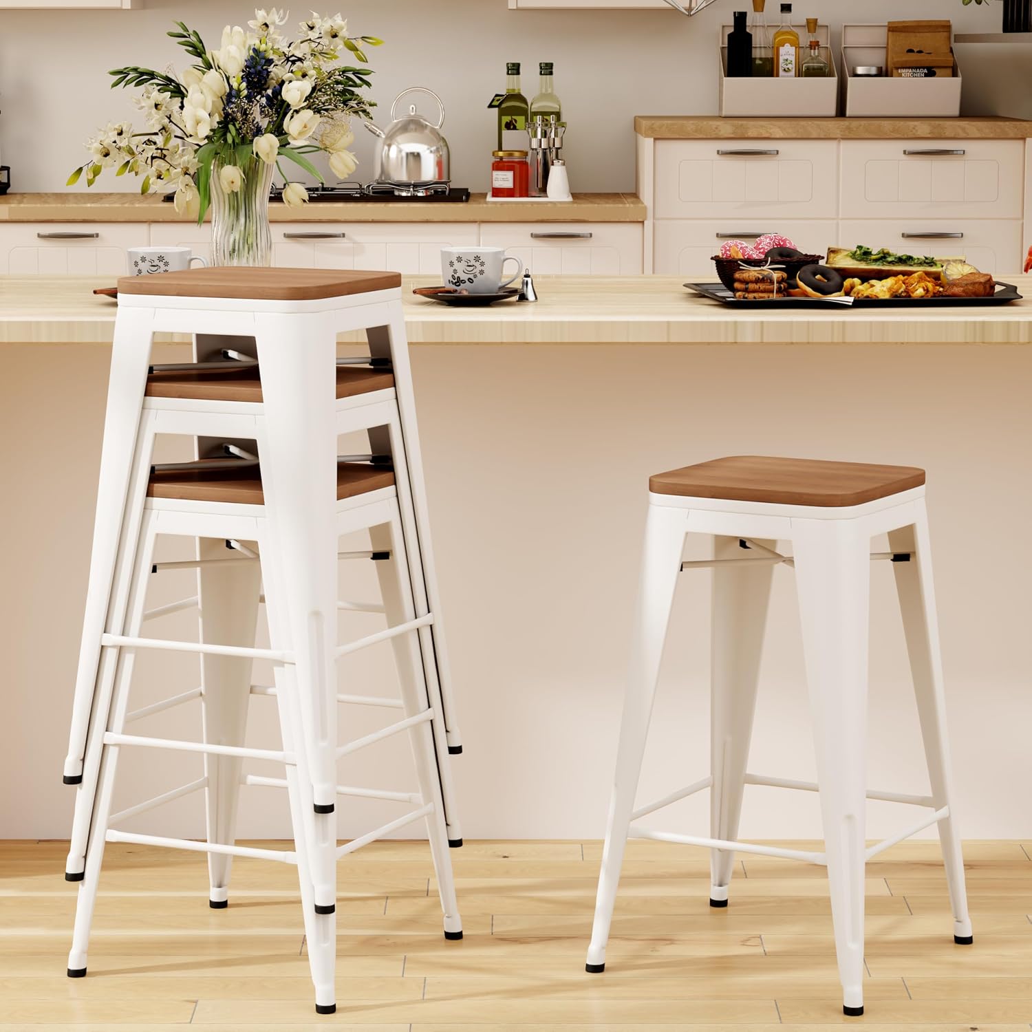 Andeworld Bar Stools Set of 2 Stackable Metal Bar Stools Industrial Counter Height Stools Backless Barstools with Wooden Seats (26 inch, White with Wooden Seats)