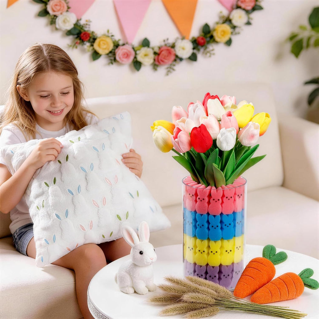 ALFEVA Easter Decorations-Vase in Vase 15pcs Artificial Tulips and 56 Peeps Bunnies Filler, Easter Vase Set Ready to Display，Spring Decorations for Home Table