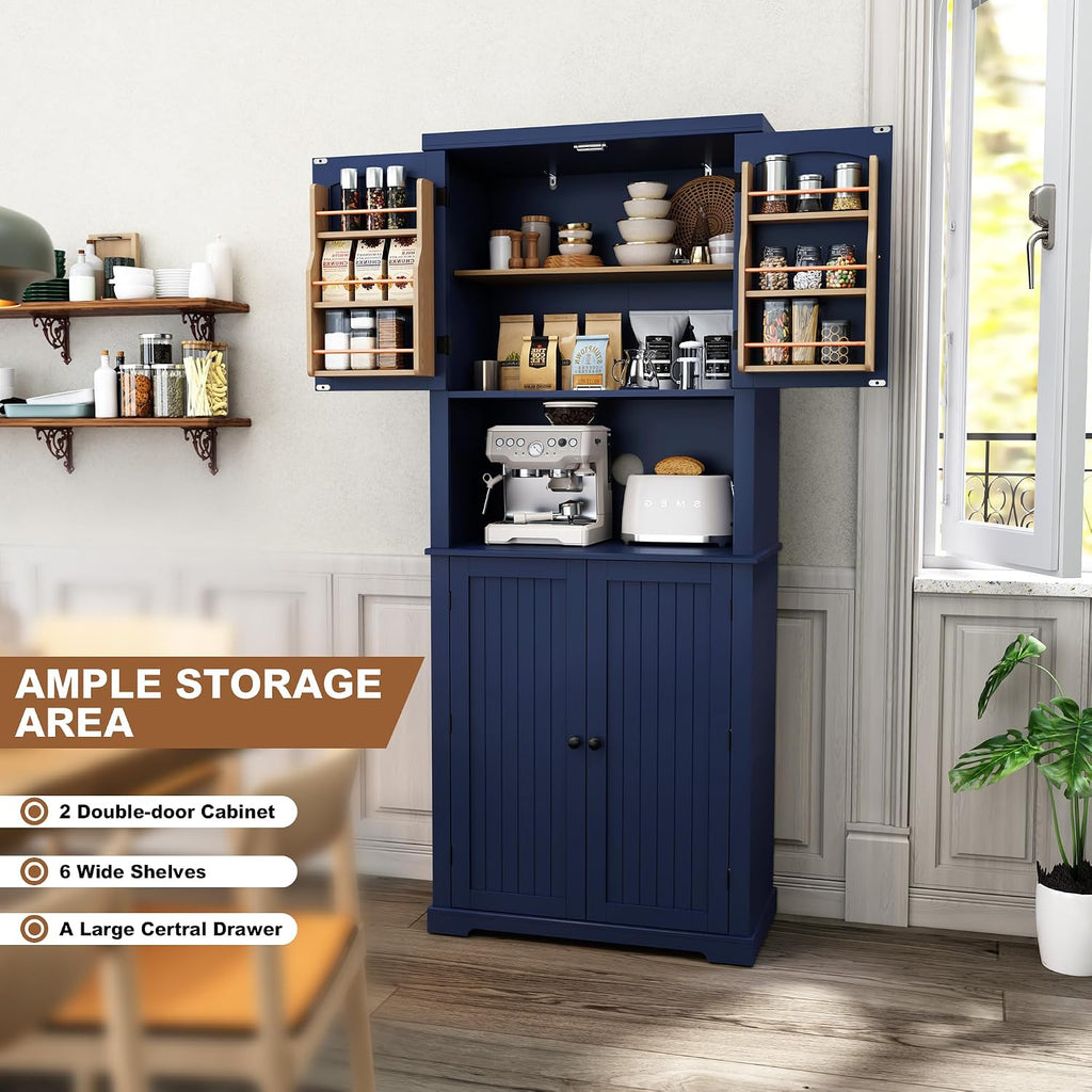 HLR 72" Kitchen Pantry Storage Cabinet with Open Countertop, Freestanding Larder Cupboard with Microwave Stand, Utility Laundry Room Storage Cabinet with Doors and Shelves for Dining Room, Living Room