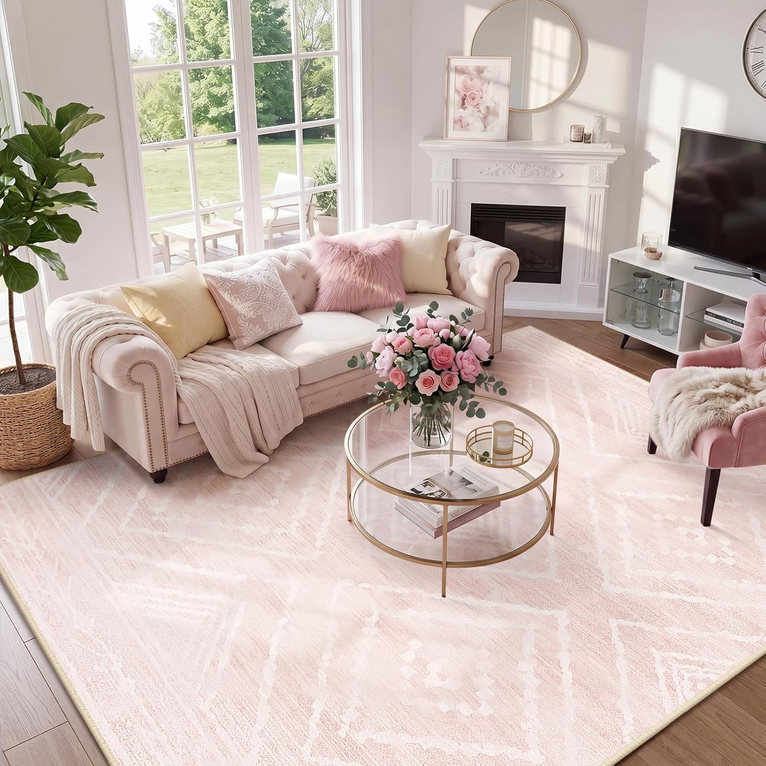 BESTSWEETIE Area Rug 5x7 Rug Machine Washable Non-Slip Low Pile Print Pattern Western Rug for Living Room Bedroom Entryway Tribal Series -Light Pink/Cream