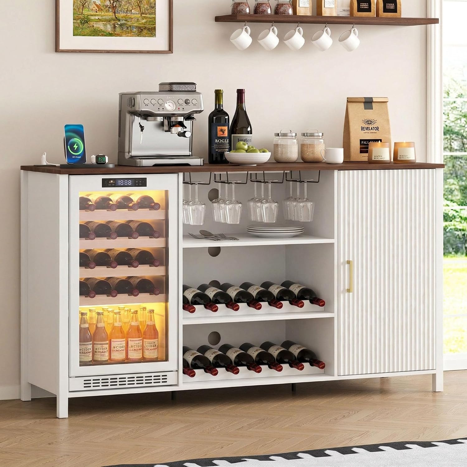70" Large Coffee Bar Cabinet with Power Outlet, Mini Fridge Cabinet with Adjustable Shelf Wine Rack Glass Holder Liquor Wine Bar Storage, White Fluted Buffet Sideboard Table for Kitchen Dining Room