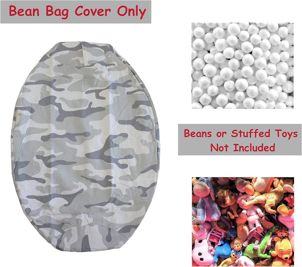 Bean Bag Chair for Kids - Stuffed Animal Toy Storage Cover with zipper - Grey Camo X-Large - Toddlers, Teens, Boys, Girls - Playroom, Bedroom Decor