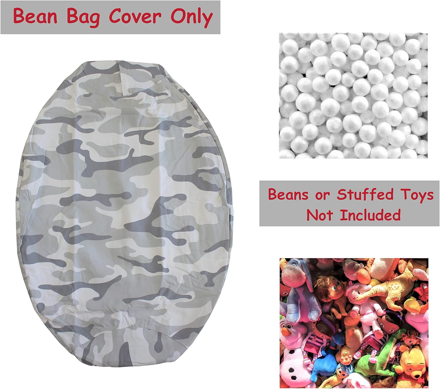 Bean Bag Chair for Kids - Stuffed Animal Toy Storage Cover with zipper - Grey Camo X-Large - Toddlers, Teens, Boys, Girls - Playroom, Bedroom Decor