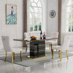 SSLine 5-Piece High-Gloss Black Dining Table Set for 4,Modern 70" Wood Kitchen Table with 4 Velvet Tufted Chairs,Luxury Rectangle Dining Room Tables with Pillar Gold Steel Pedestal Base