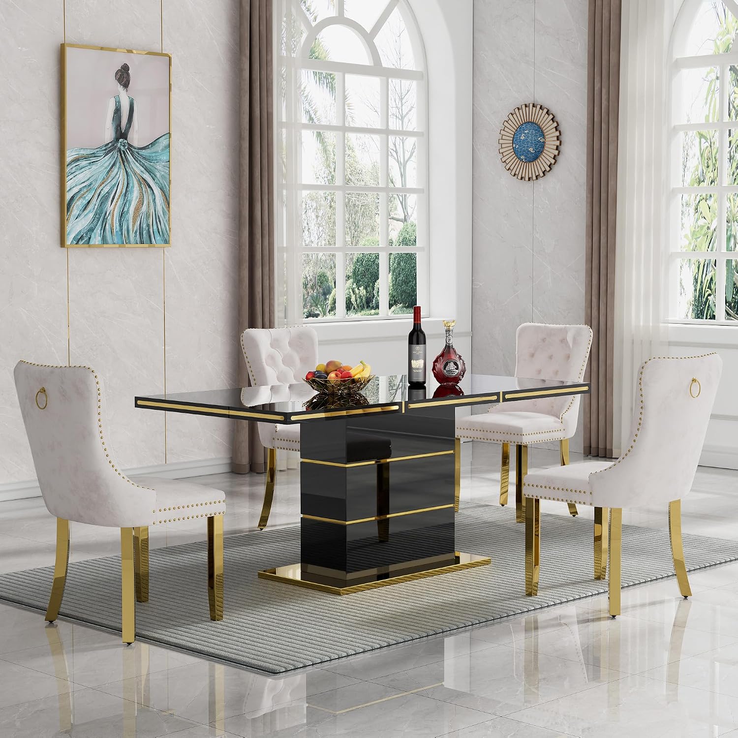 SSLine 5-Piece High-Gloss Black Dining Table Set for 4,Modern 70" Wood Kitchen Table with 4 Velvet Tufted Chairs,Luxury Rectangle Dining Room Tables with Pillar Gold Steel Pedestal Base