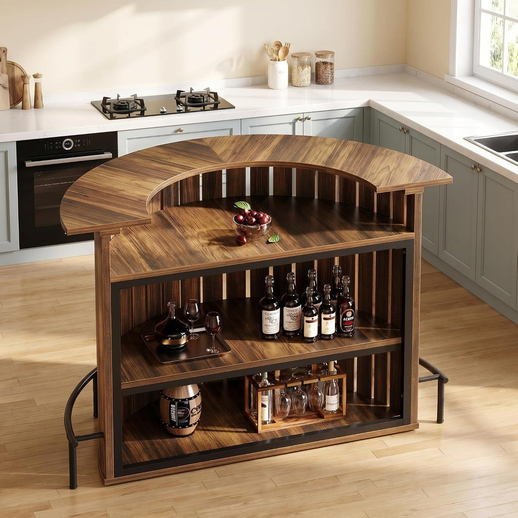Tribesigns Bar Table with Storage, 4-Tier Arc-Shaped Mini Bar Table with Footrest for Home, Living Room, Rustic Brown (Table Only)