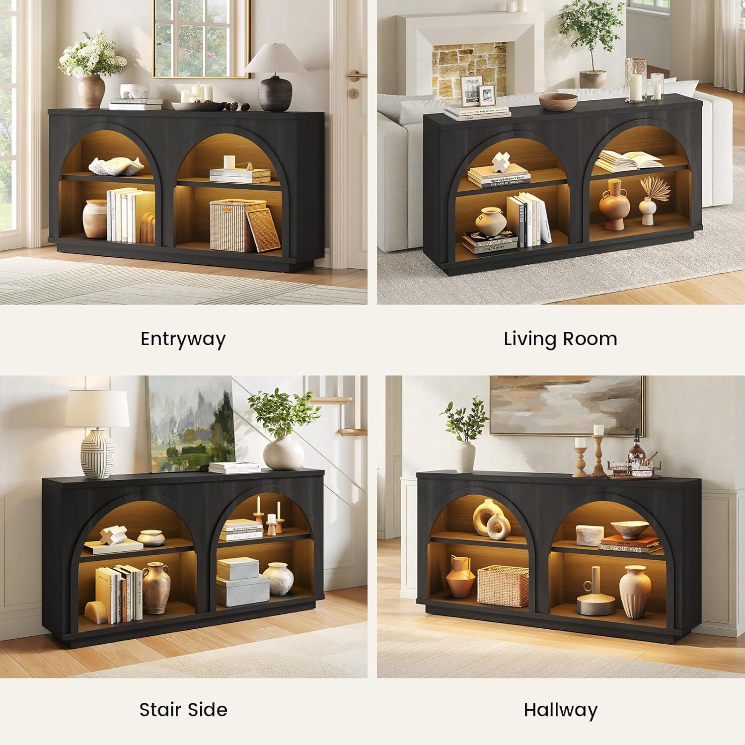 Sikaic 63" Arched Console Table with LED Lights, Modern Farmhouse 3-Tier Storage Entryway Table, Sofa Table Behind Couch, Sideboard Buffet Storage Cabinet for Entrance, Hallway, Living Room, Black