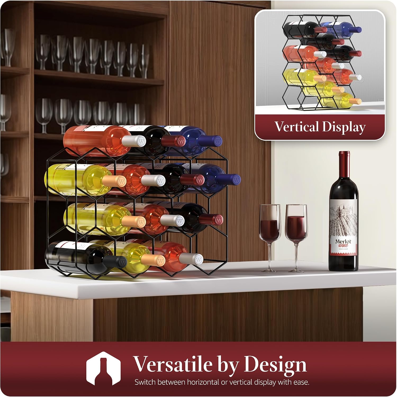 Sorbus 14 Bottle Wine Rack – Stackable Metal Wine Storage Organizer with Honeycomb Design – Cabinet, Pantry, or Bar Wine Bottle Holder – Modern Black Wine Racks Countertop - No Assembly Required