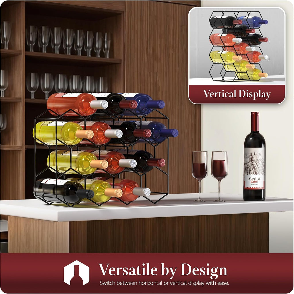 Sorbus 14 Bottle Wine Rack – Stackable Metal Wine Storage Organizer with Honeycomb Design – Cabinet, Pantry, or Bar Wine Bottle Holder – Modern Black Wine Racks Countertop - No Assembly Required