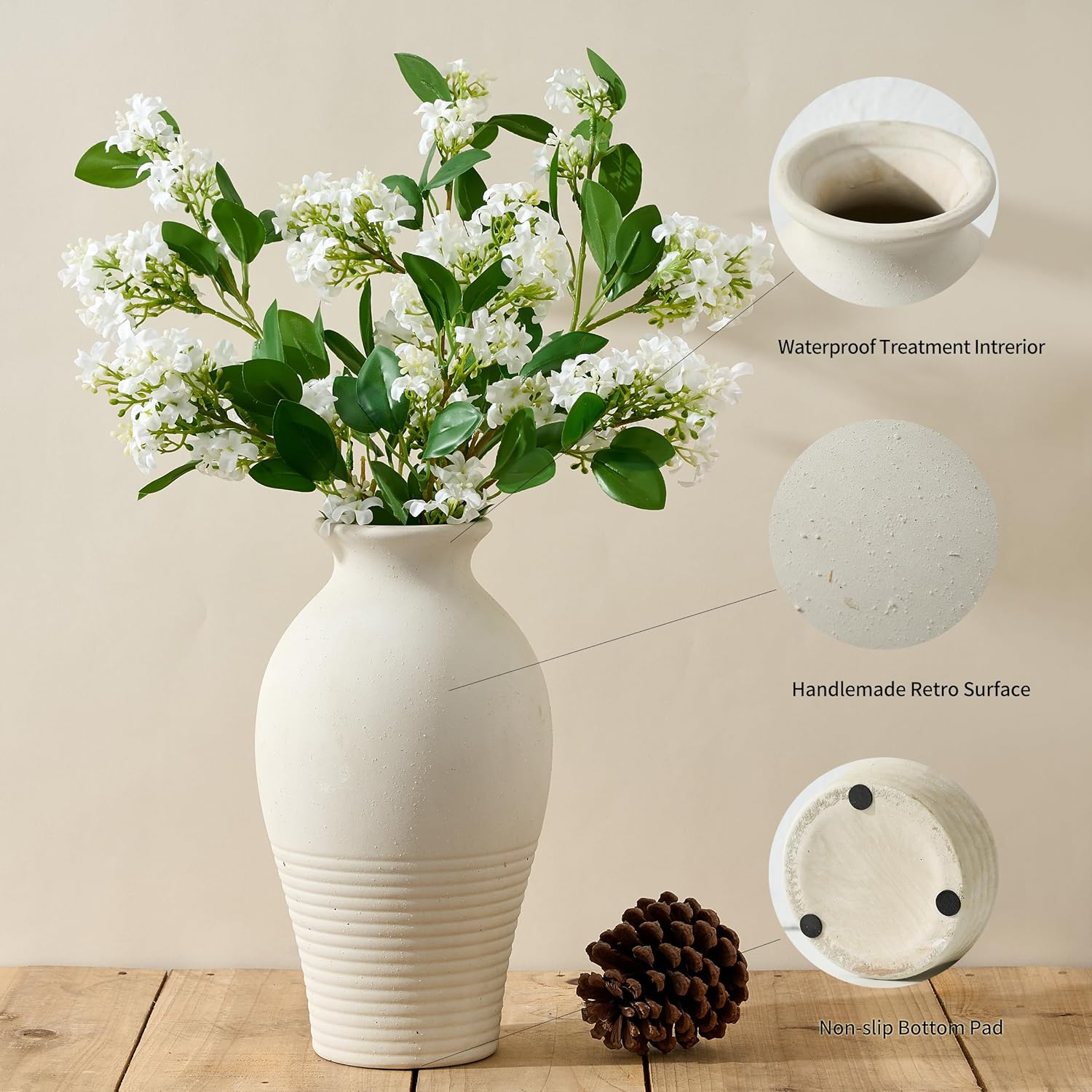 LUKA Ceramic Flower Vase Home Decor,11inches Large Farmhouse Table Vases Rustic Vintage Living Room Kitchen Bedroom Decorations for Home, Shelf, Fireplace Mantel Decoration (11",Off-White)