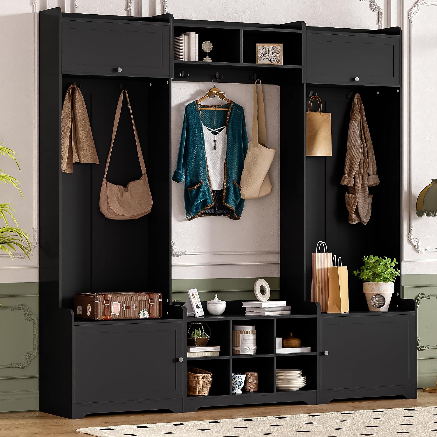 JIJIWANG 9.1''Wide Modern Hall Tree with Shoe Storage, 4-in-1 Multi-Functional Entryway Bench with 8 Cubbies, 7 Coat Hooks & Adjustable Shelf for Hallway, Living Room, Black