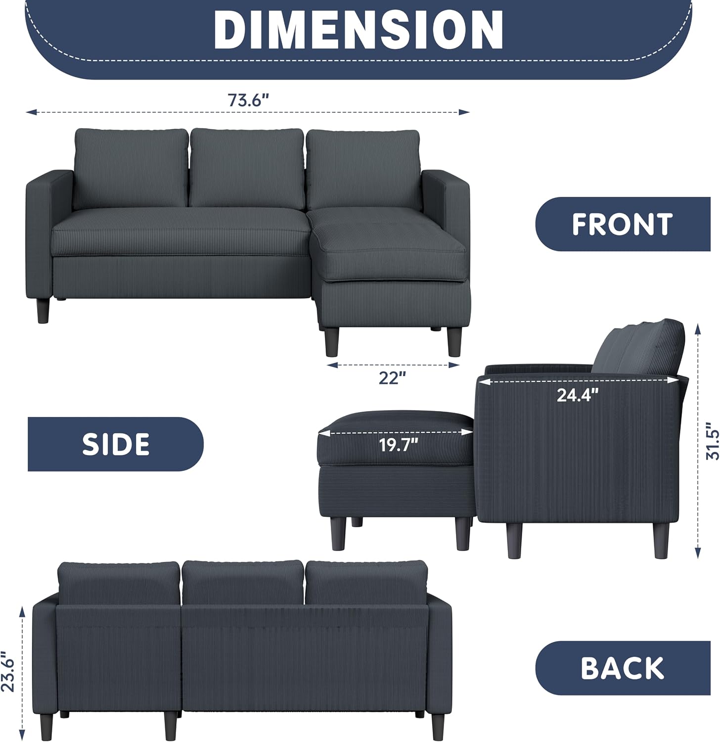 Shintenchi Small Convertible Sectional Couch with Movable Ottoman, 3 Seat L Shaped Sofa with Corduroy, Upholstered Sectional Sofa, Small Couches for Living Room, Apartments, Office (Dark Grey)