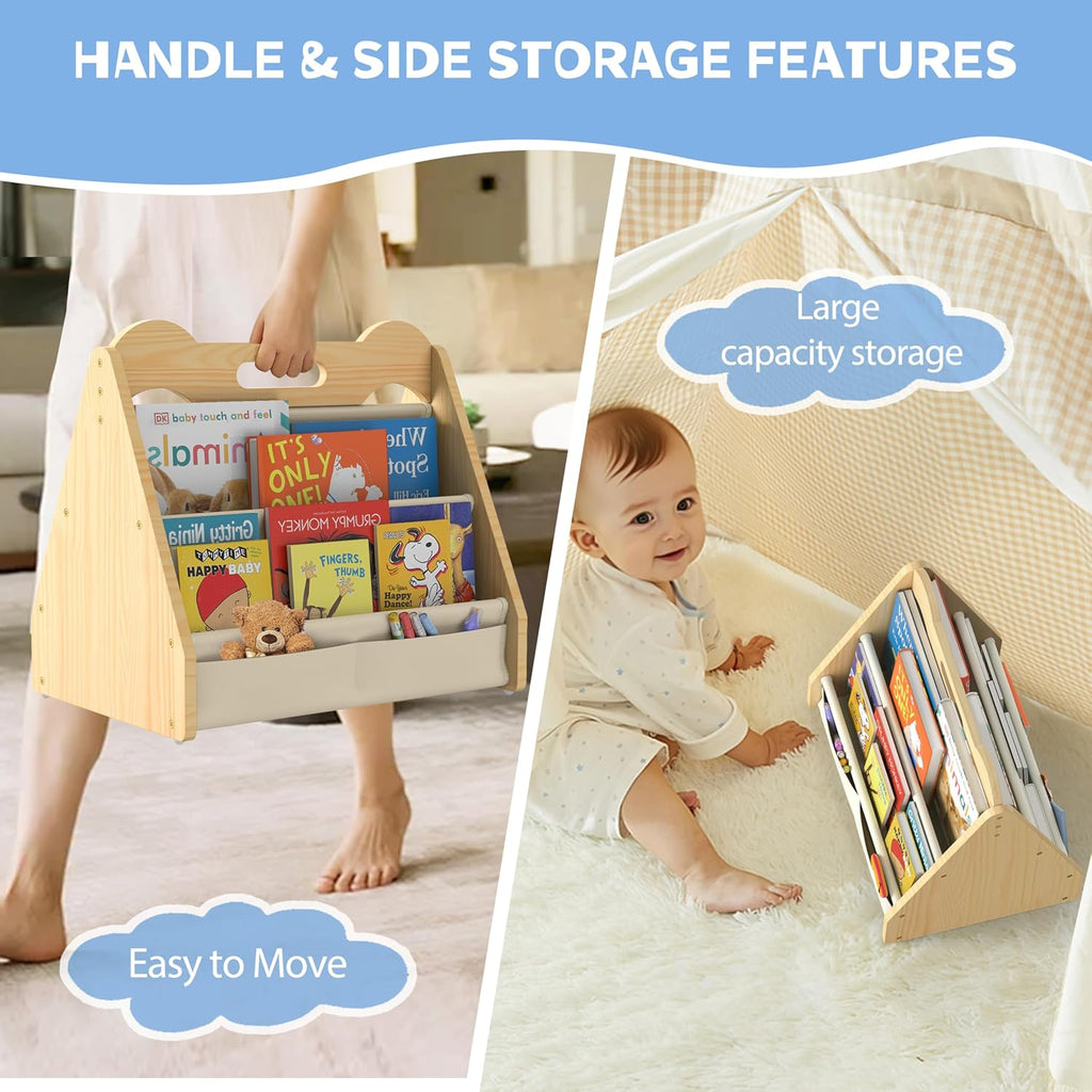 Solid Pine Wood Kids Bookshelf, Double-Sided Nursery Book Shelves, Portable Toddler Bookshelf, Montessori Bookcase, Book Shelf for Kids Rooms, Childrens Book Storage Display for Bedroom Classroom