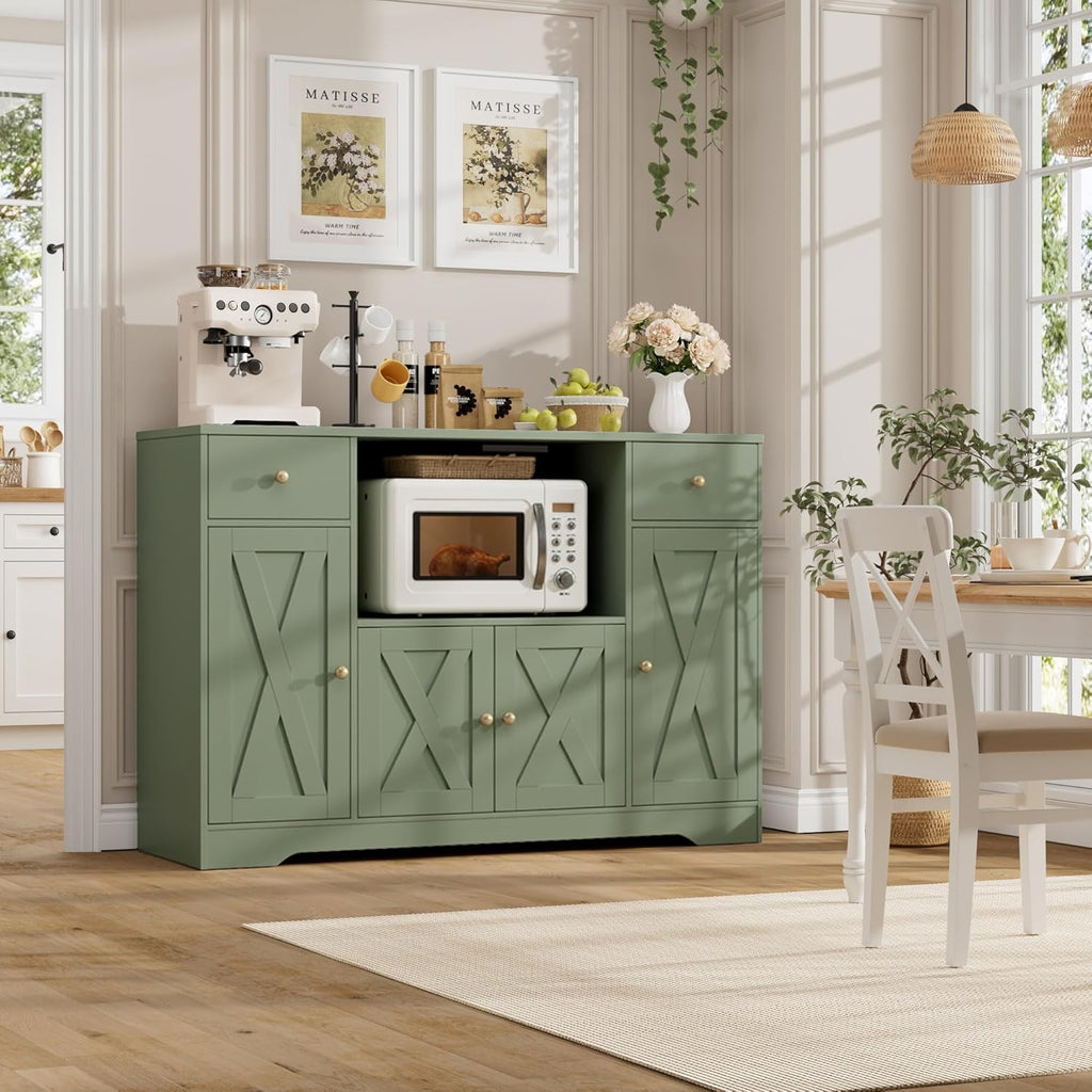 HOSTACK Microwave Cabinet with Charging Station, 47" W Kitchen Storage Cabinet with Microwave Stand, Farmhouse Buffet Sideboard with Drawers and Shelves for Kitchen, Dining Room, Green