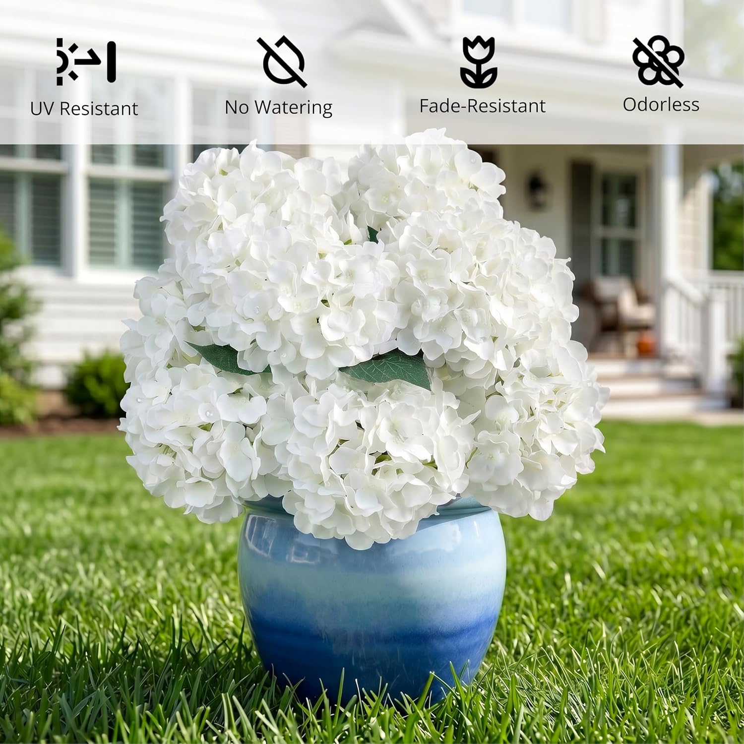 Auihiay 12 Bundles Hydrangea Artificial Flowers for Outdoors and Indoor, UV Resistant White Hydrangeas, Faux Silk Hydrangea Flowers for Porch, Yard, Patio, Outdoors Wedding, Home Decoration