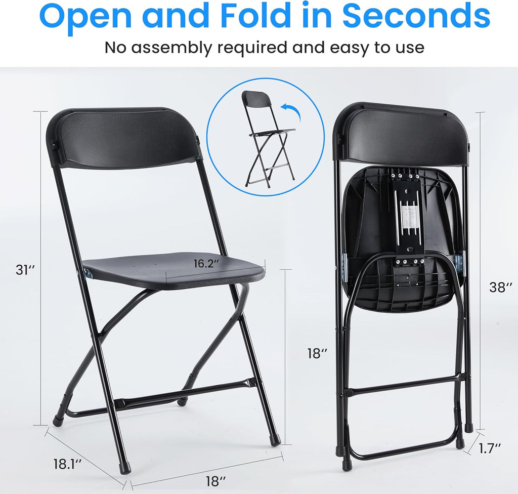 HealSmart 10 Pack Indoor/Outdoor Folding Chairs, Black Plastic Foldable Chair, Portable Stackable Commercial Stable Seat, Steel Frame, 330 lbs Capacity for Events Office Wedding Party Kitchen Dining