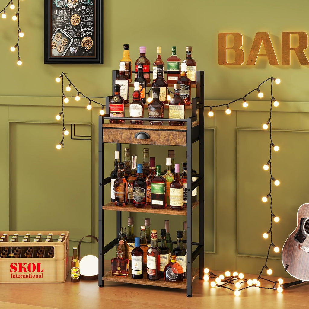 IBUYKE Stepped Wine Rack Freestanding Floor,Bar Cabinet,Brown TMJ915H | Wine Bottle Display Liquor Bottle Holder with Drawer for Whiskey for Home Living Room Dining