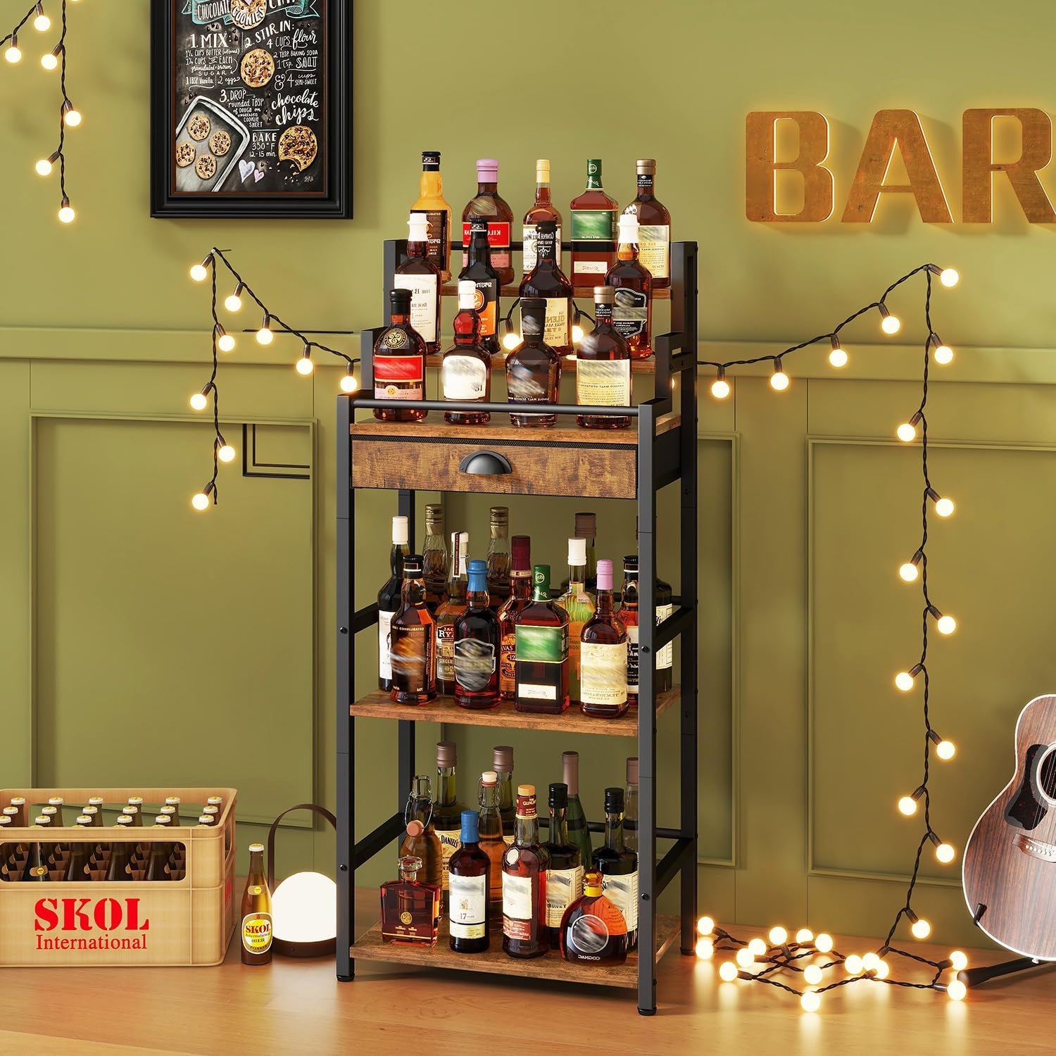 IBUYKE Stepped Wine Rack Freestanding Floor,Bar Cabinet,Brown TMJ915H | Wine Bottle Display Liquor Bottle Holder with Drawer for Whiskey for Home Living Room Dining