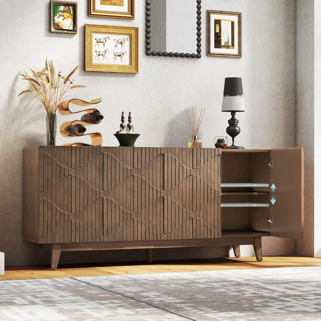Buffet Cabinet with Storage, Distressed Storage Cabinet with 4 Carved Doors and Adjustable Shelf, Wooden Accent Sideboard Buffet Cabinets for Kitchen, Living Room, Entryway, Brown