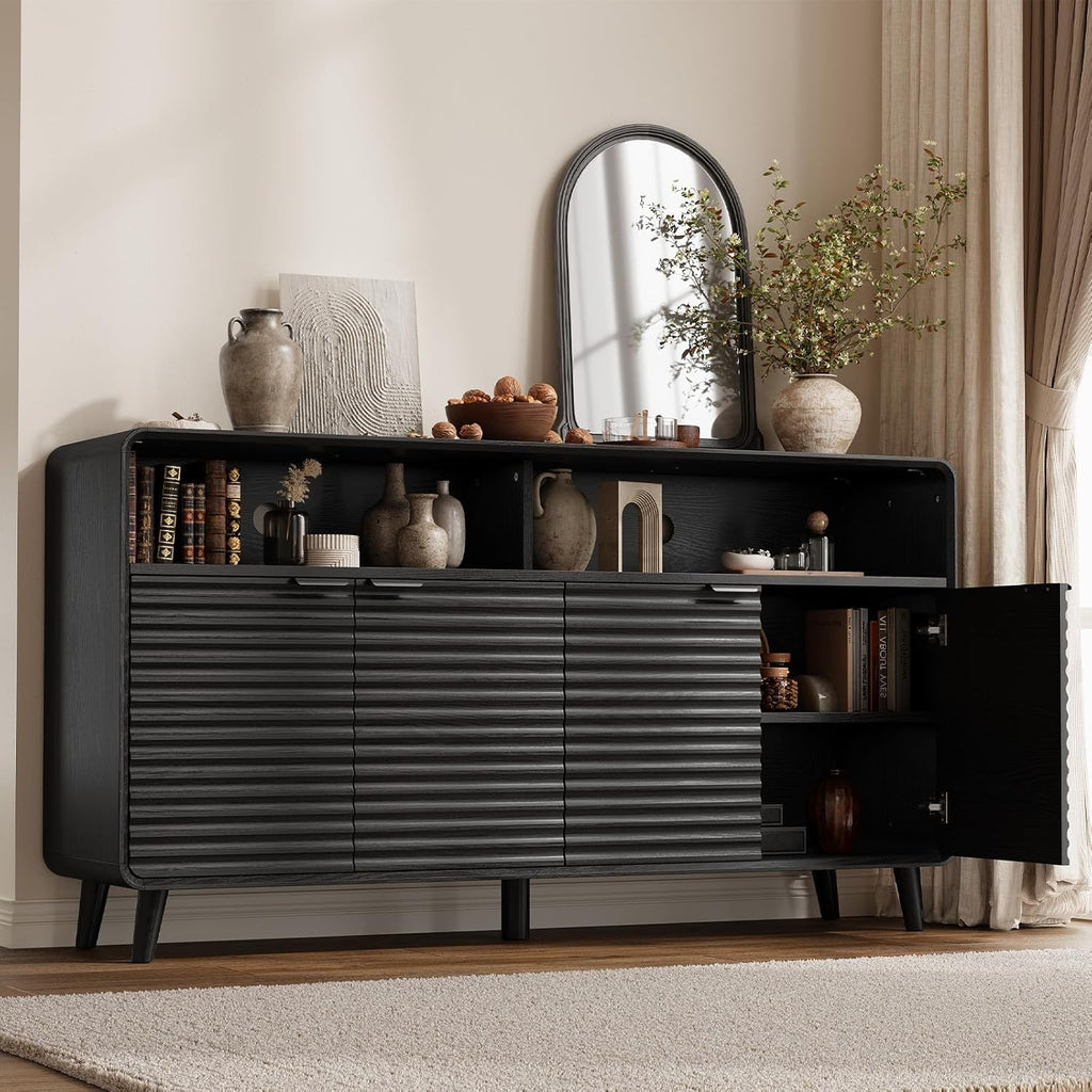 61" Sideboard Buffet Cabinet with Open Storage & 4 Doors, Large Coffee Bar Cabinet with Adjustable Shelves, Mid Century Modern Fluted Buffet Cabinet for Kitchen, Living Room, Black