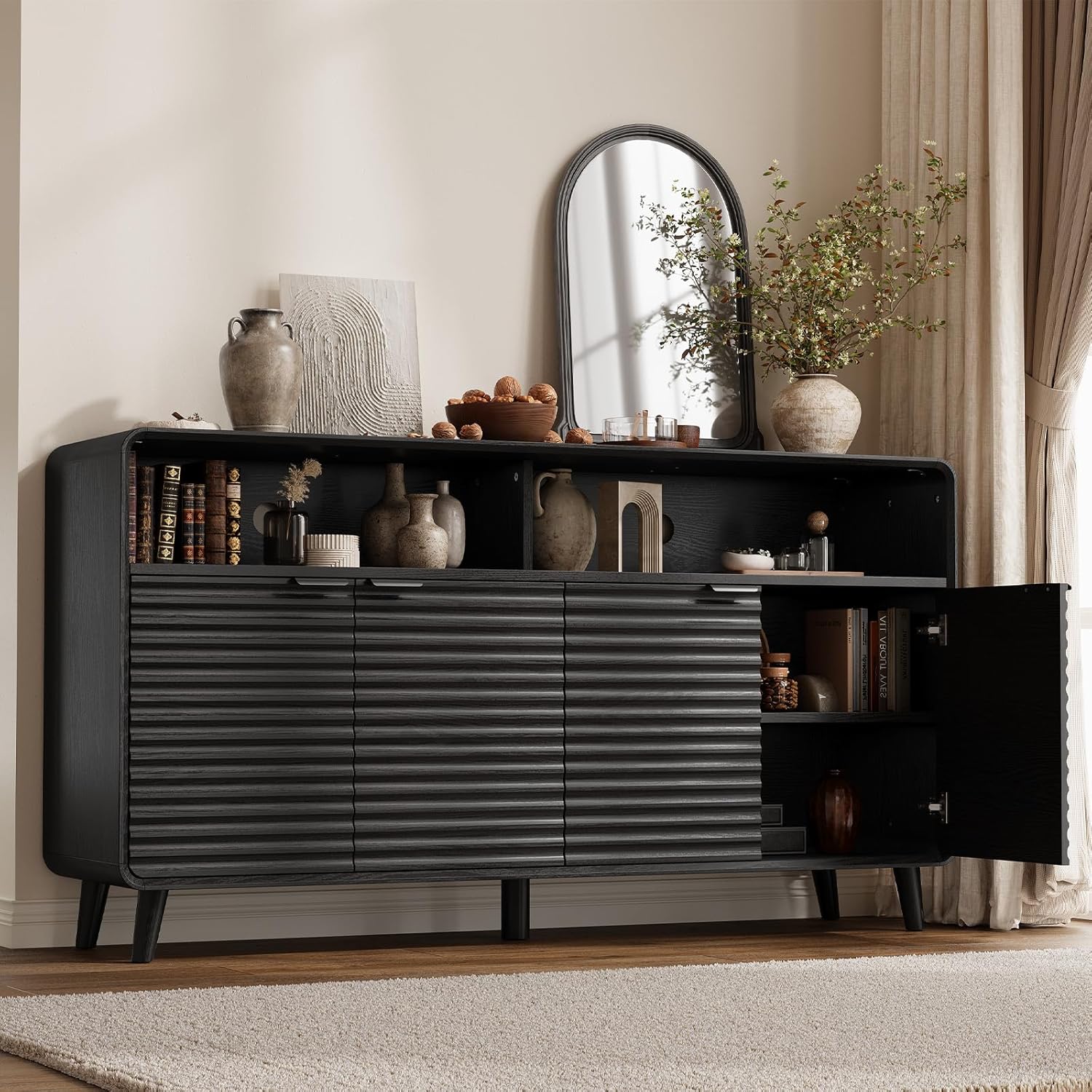 61" Sideboard Buffet Cabinet with Open Storage & 4 Doors, Large Coffee Bar Cabinet with Adjustable Shelves, Mid Century Modern Fluted Buffet Cabinet for Kitchen, Living Room, Black
