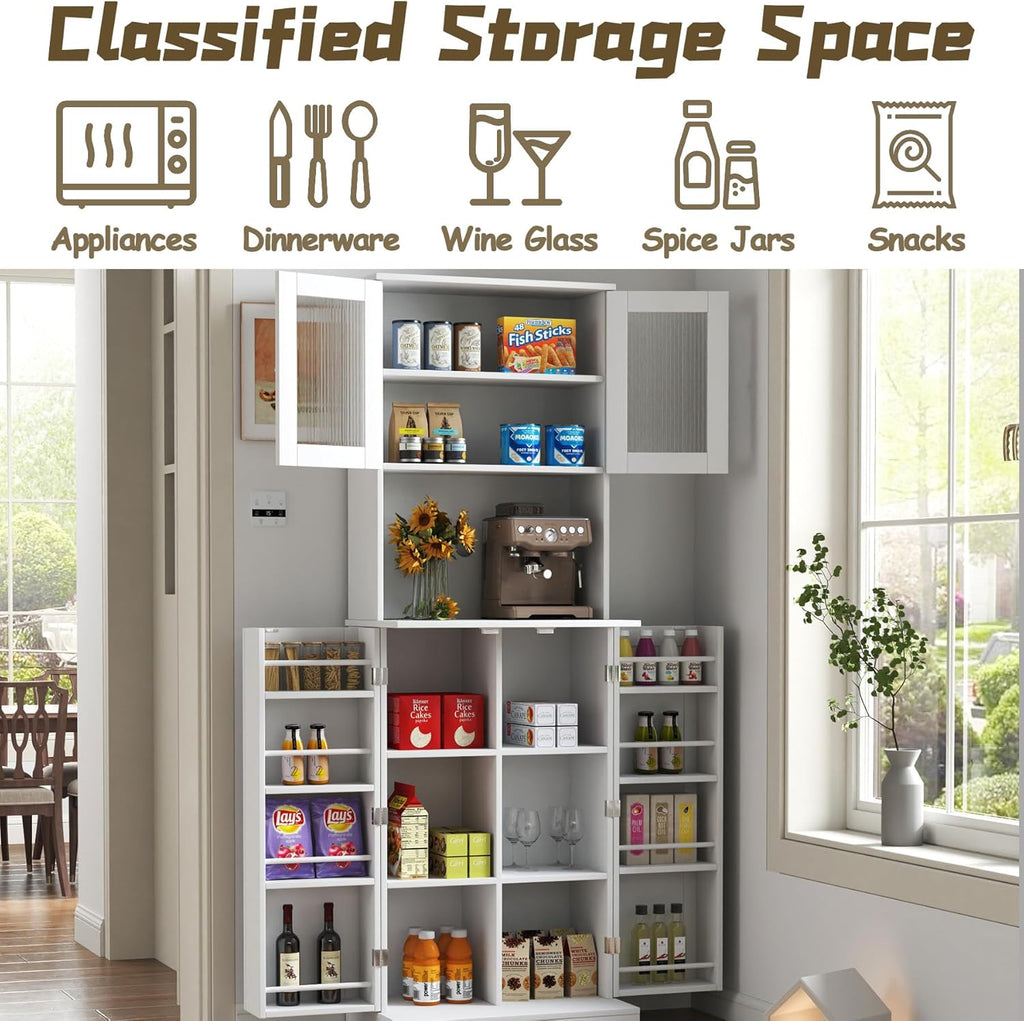 HRVEOCEI Tall Pantry Cabinet with Doors and Adjustable Shelves, 71'' Freestanding Kitchen Cabinet Storage with Microwave Stand, White Food Pantry Cabinet & Cupboard for Kitchen, Dining Room, Wood