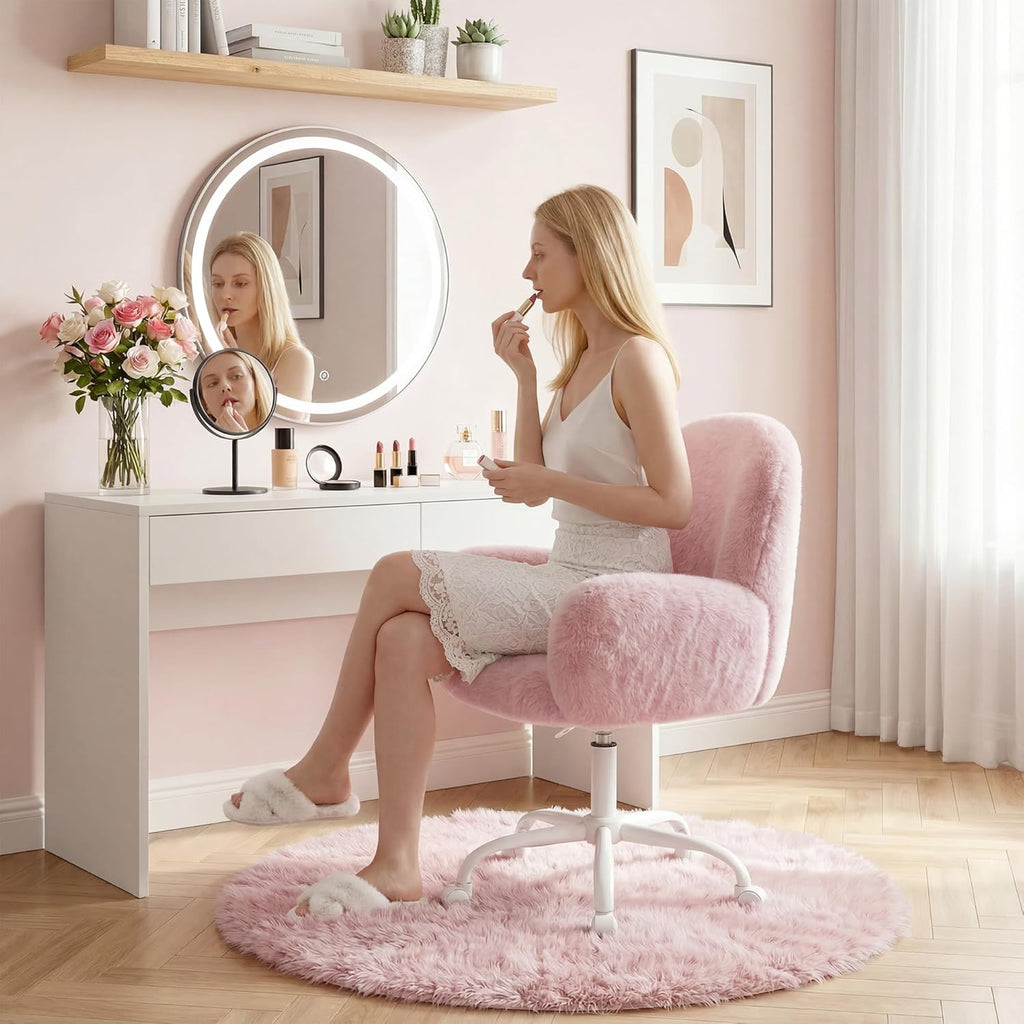 Homkdom Vanity Chair with Round Hollow Back, Pink Desk Chair with Arms & Wheels, Cute Office Chair for Make-up Room, Bedroom, Home Office, Salon, Height Adjustable, Faux Rabbit Fur