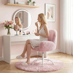 Homkdom Vanity Chair with Round Hollow Back, Pink Desk Chair with Arms & Wheels, Cute Office Chair for Make-up Room, Bedroom, Home Office, Salon, Height Adjustable, Faux Rabbit Fur